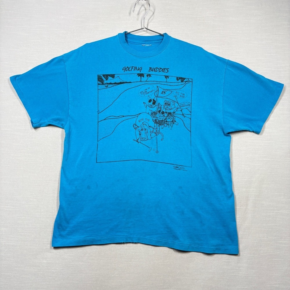 Vintage Golfing Buddies Shirt Men L Blue Dogs Artist Michael S K Lee Hawaii